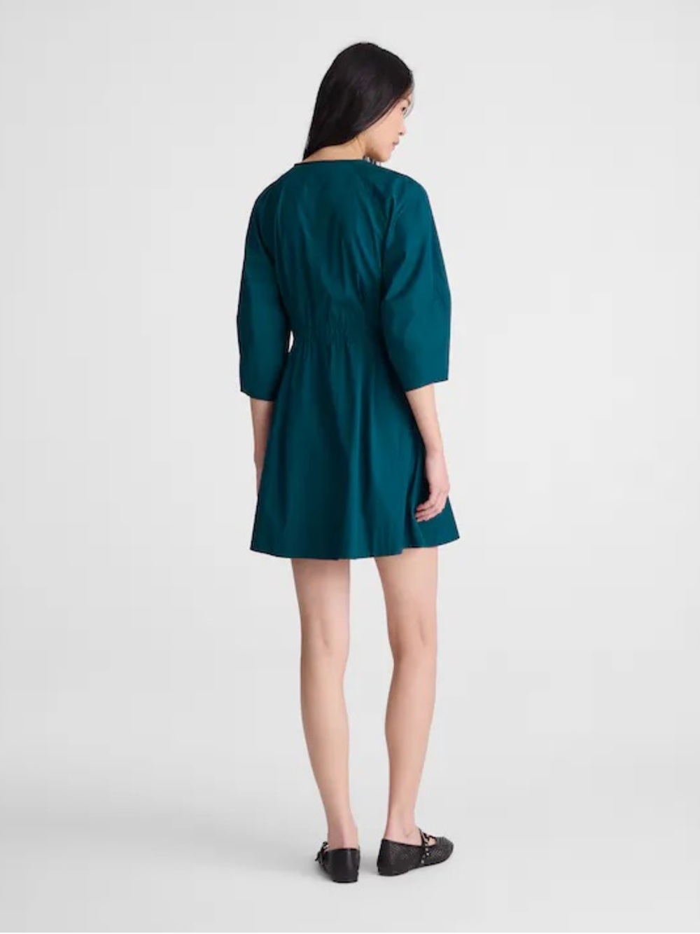 Madewell Sculptural-Sleeve Pleated Mini Shirt Dress Teal Green fit and flare - Picture 3 of 12